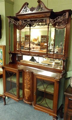 Lot 1727 - An Arts & Crafts Mahogany and Marquetry Mirror-Back Sideboard, the broken swan neck, foliate...