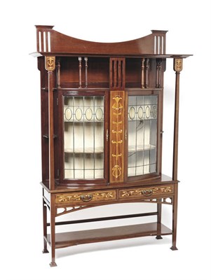 Lot 1728 - An Art Nouveau Mahogany and Marquetry Display Cabinet, the superstructure back supported by...