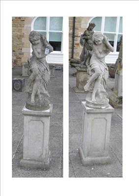 Lot 1754 - A Pair of Garden Figures of Semi-Nude Women, on square column bases, 155cm high approx