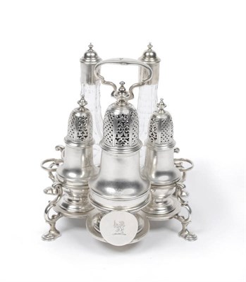 Lot 512A - A George II Warwick Cruet, Charles Alchorne, London 1735, of cinque foil shape on scroll legs...