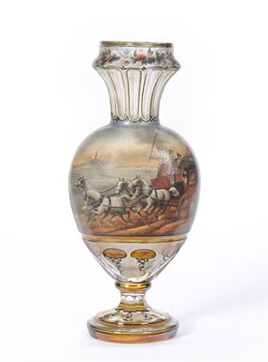 Lot 1 - An Amber Flash Glass, Cold Painted and Parcel Gilt Decorative Pedestal Vase, England or...