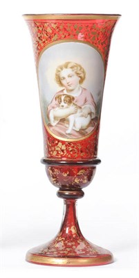 Lot 3 - A Ruby Glass, Painted and Parcel Gilt Vase, Bohemia, circa 1870, of trumpet form, frontally applied