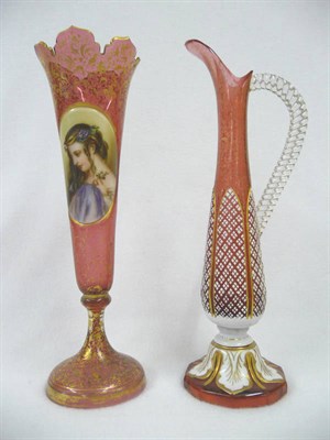 Lot 4 - A Ruby Glass, Painted and Parcel Gilt Trumpet Vase, Bohemia, circa 1870, with flared bracket...