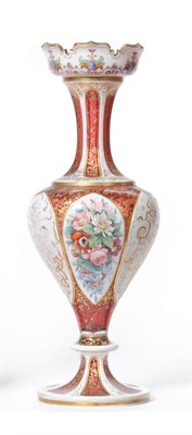 Lot 12 - A Ruby Glass, Painted and Parcel Gilt Pedestal Baluster Vase, Bohemia, circa 1870, the cupped...