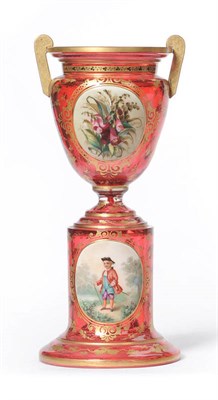 Lot 13 - A Ruby Glass, Painted and Parcel Gilt Pedestal Urn, Bohemia, circa 1870, the upper "Etruscan" shape