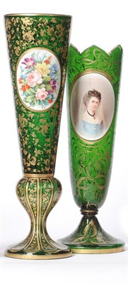 Lot 15 - An Emerald Green Glass, Painted and Parcel Gilt Trumpet Vase, Bohemia, circa 1870, applied with...