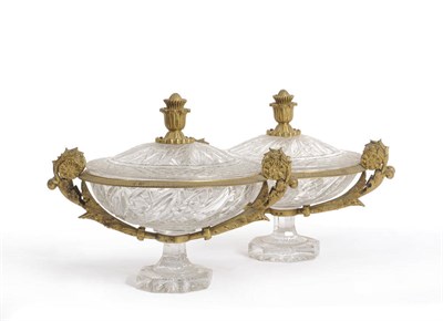 Lot 35 - A Pair of French Ormolu and Cut Glass Mounted Pedestal Bowls and Covers, perhaps Baccarat,...