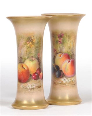 Lot 66 - A Pair of Royal Worcester Porcelain Fruit Painted Small Trumpet Vases, William Albert Ricketts,...