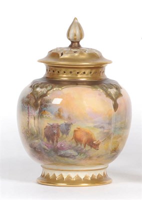 Lot 67 - A Royal Worcester Porcelain Highland Cattle Painted Small Pot Pourri Vase and Cover, Harry Stinton