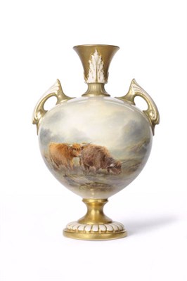 Lot 70 - A Royal Worcester Highland Cattle Painted Pedestal Vase, John Stinton, 1921, the short trumpet neck