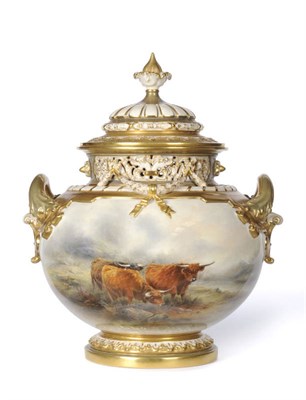 Lot 71 - A Royal Worcester Porcelain Highland Cattle Painted Two-Handled Pot Pourri Vase and Cover, John...