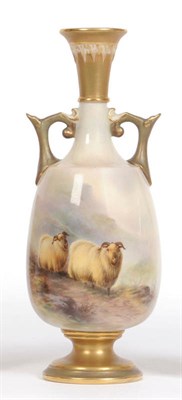 Lot 73 - A Royal Worcester Porcelain Sheep Painted Two-Handled Pedestal Vase, Ernest Barker, early 20th...