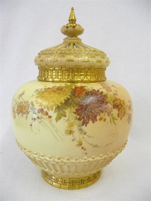 Lot 77 - A Royal Worcester Porcelain Blush Ivory Pot Pourri Vase and Cover, 1893, of compressed ovoid shape