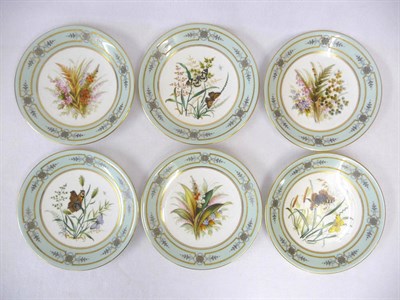 Lot 79 - A Set of Six Worcester Flower and Butterfly Painted Dessert Plates, 1876, circular, decorated...