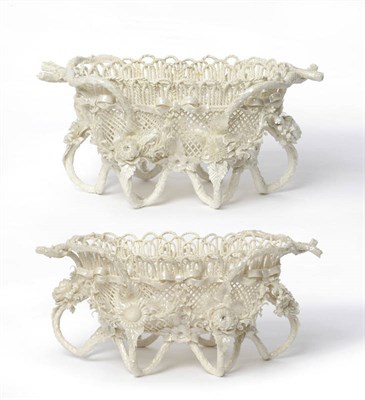 Lot 83 - A Pair of Belleek, Co Fermanagh, White Porcelain Rathmore Table Baskets, First Period, of oval form