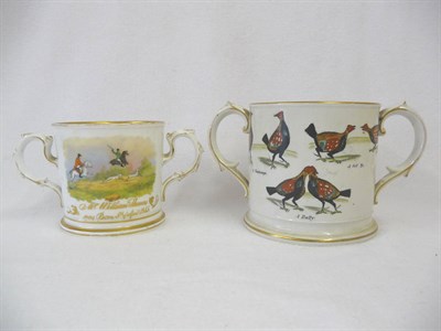 Lot 88 - A Staffordshire Pottery Cockfighting Loving Cup, circa 1860, cylindrical, transfer printed and hand