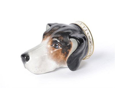 Lot 91 - A Stevenson & Hancock Derby Porcelain Foxhound Head Stirrup Cup, circa 1865, realistically modelled