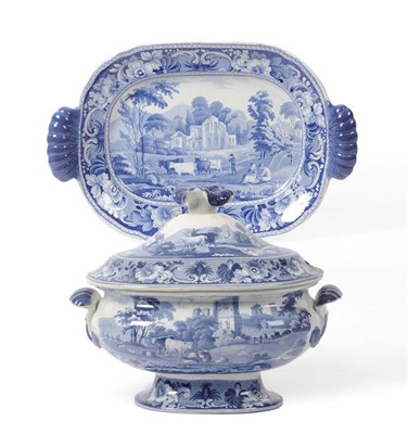 Lot 102 - An English Blue and White Transfer Printed Two-Handled Pedestal Tureen and Cover, "Slingsby Castle