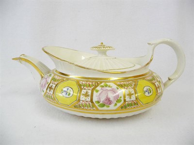 Lot 103 - An English Porcelain Boat Shape Teapot, circa 1810, of flattened oval cushion form, upswept frontal