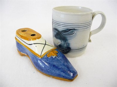 Lot 106 - A Prattware Pottery Pen Holder Modelled as a Shoe, circa 1810, the blue lady's "slipper" shoe edged