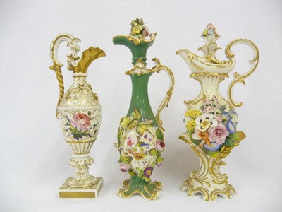 Lot 110 - A Group of Three English Encrusted Porcelain Ewers, first half of the 19th century, each of slender