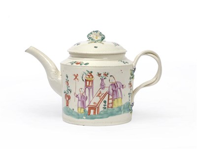 Lot 113 - A Creamware Teapot, probably Yorkshire, circa 1770, cylindrical, the domed cover with trumpet...