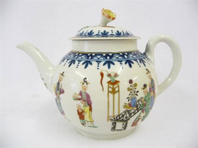 Lot 119 - A Worcester Porcelain Polychrome Painted Teapot and Cover, circa 1775, the shallow domed cover with