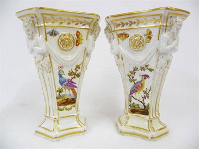 Lot 138 - A Pair of Continental Porcelain Spill Vases, 19th century, of concave sided, triangular section...