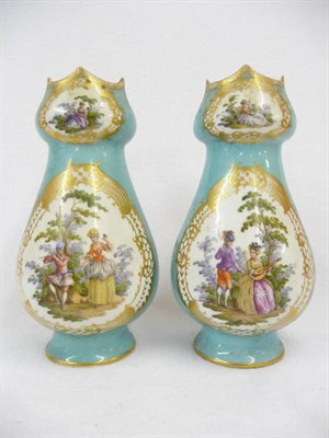 Lot 140 - A Pair of German "Augustus Rex" Duck Egg Blue Vases, circa 1880, the shaped and cupped necks...