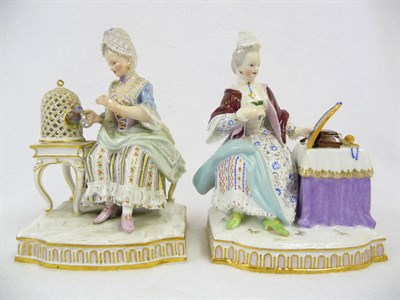 Lot 142 - A Pair of Meissen Porcelain "Senses" Figures, circa 1870, both of ladies in 18th century...