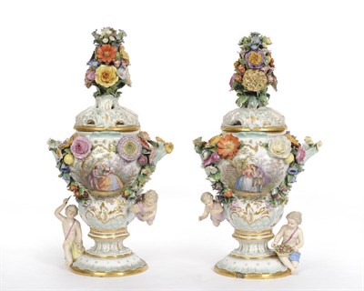 Lot 145 - A Pair of Meissen Encrusted Porcelain and Figure Mounted Pedestal Pot Pourri Vases and Covers,...