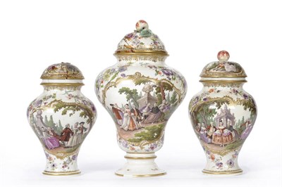 Lot 147 - A Garniture of Three Frankenthal Porcelain Pedestal Vases and Covers, circa 1760, the central large