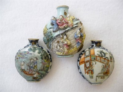 Lot 167 - Two Chinese Porcelain Snuff Bottles, 19th century, each of flattened spade form, a panel on...