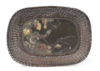 Lot 169 - A Japanese Mixed Metal Inlaid Basket, Meiji Period (1868-1912), rounded rectangular, the...