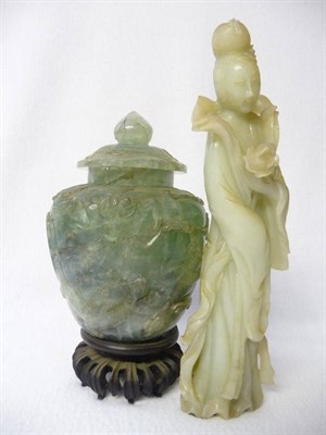 Lot 174 - A Chinese Carved Green Quartz Vase and Cover, late 19th century, of compressed ovoid form,...