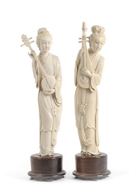 Lot 178 - A Pair of Chinese Carved Ivory Figures of Female Musicians, circa 1930-40, each slender maiden with