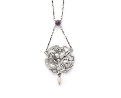 Lot 182 - An Art Nouveau Silver Amethyst and Pearl Necklace, by Robert Pringle, 1900, a pierced stylised...