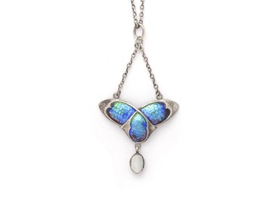 Lot 183 - An Art Nouveau Silver Enamelled Pendant on Chain, the panel enamelled in blues and greens...