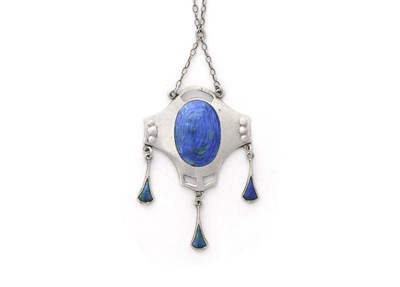 Lot 185 - An Art Nouveau Silver and Enamel Pendant, Charles Horner, 1911, the panel with a central oval...