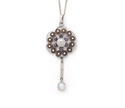 Lot 186 - An Arts and Crafts Pendant on Chain, a mother-of-pearl centre bordered by faceted amethysts...