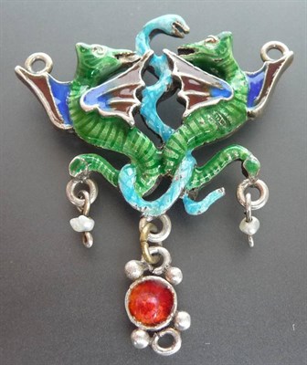 Lot 192 - An Enamelled Pendant, depicting two dragons and a snake, with a drop suspended, the dragons...