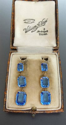 Lot 197 - A Pair of Blue Paste Drop Earrings, the chain linked graduated oblong mixed cut stones held in claw