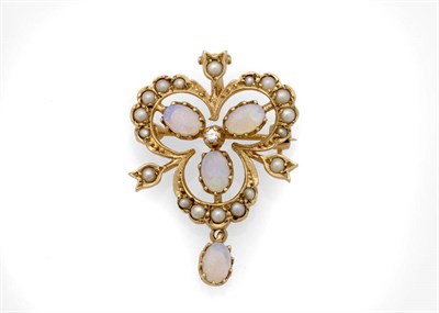 Lot 202 - A 9 Carat Gold Opal and Seed Pearl Pendant/Brooch, the trefoil motif consists of a diamond...