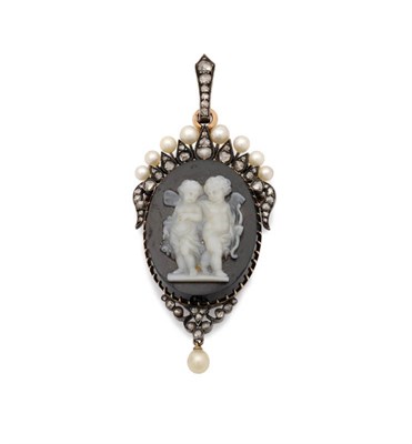 Lot 203 - An Italian Sardonyx Cameo, Diamond and Pearl Pendant, the sardonyx carved with two cherubs,...