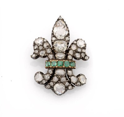 Lot 206 - A Victorian Diamond and Emerald Fleur-de-Lys Brooch, the varying shaped mainly rose cut...