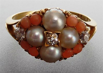 Lot 212 - A Victorian Diamond Half Pearl and Coral Cluster Ring, an old cut diamond centrally is bordered...