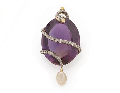 Lot 225 - A Victorian Amethyst and Diamond Pendant, the large oval mixed cut amethyst overlaid with...