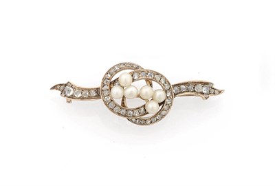 Lot 227 - A Diamond and Pearl Brooch, six pearls clustered to the centre within entwined loops set with...