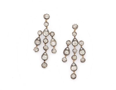 Lot 231 - A Pair of Early Victorian Diamond Chandelier Earrings, a pair of old-cut diamonds suspend three...