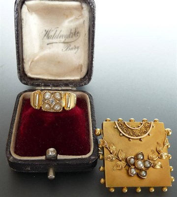 Lot 232 - An 18 Carat Gold Diamond and Half Pearl Ring, the four half pearls set in a square form with a...